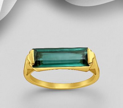 Desire by 7K - 925 Sterling Silver Solitaire Ring, Decorated with Lab-Created Green Tourmaline, Plated with 0.3 Micron 18K Yellow Gold