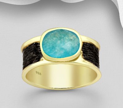 Şəkli böyütmək üçün tiklayın Desire by 7K - 925 Sterling Silver Oxidized Solitaire Ring, Decorated with Green White Jade, Plated with 0.3 Micron 18K Yellow Gold