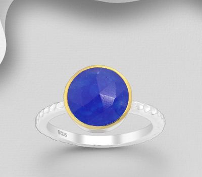 Desire by 7K - 925 Sterling Silver Solitaire Ring, Decorated with Blue Jade, Plated with 0.3 Micron 18K Yellow Gold