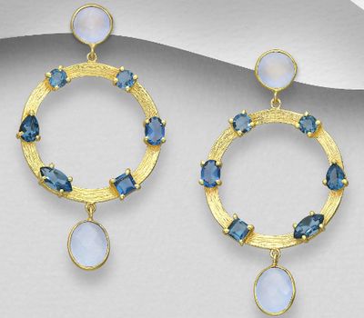 Desire by 7K - 925 Sterling Silver Push-Back Earrings, Decorated with Lab-Created lolite and Light Chalcedony Jade, Plated with 0.3 Micron 18K Yellow Gold