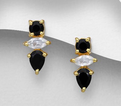 Desire by 7K - 925 Sterling Silver Push-Back Earrings, Decorated with Onyx and Clear Quartz, Plated with 0.3 Micron 18K Yellow Gold