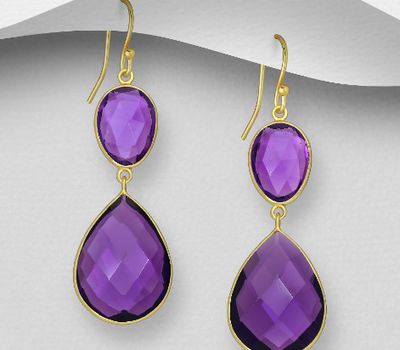 Desire by 7K - 925 Sterling Silver Droplet and Oval Hook Earrings, Decorated with Lab-Created Amethyst, Plated with 0.3 Micron 18K Yellow Gold