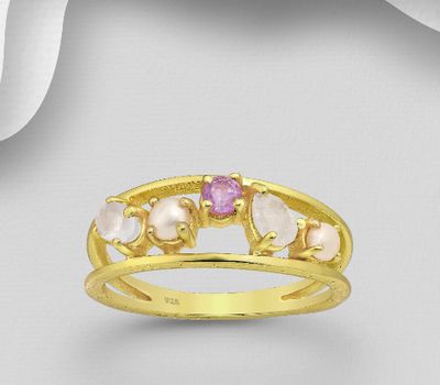 Şəkli böyütmək üçün tiklayın Desire by 7K - 925 Sterling Silver Ring, Decorated with Freshwater Pearls, Amethyst and Rainbow Moonstone, Plated with 0.3 Micron 18K Yellow Gold