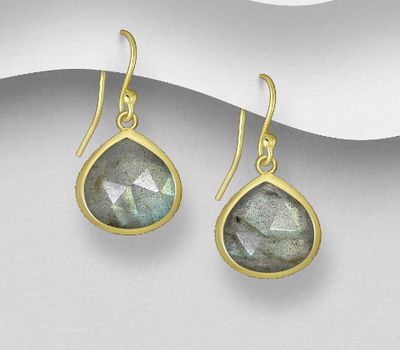 Şəkli böyütmək üçün tiklayın 925 Sterling Silver Droplet Hook Earrings, Decorated with Labradorite, Plated with 0.3 Micron 18K Yellow Gold
