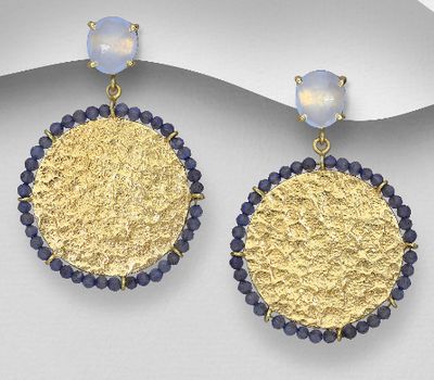 Şəkli böyütmək üçün tiklayın Desire by 7K - 925 Sterling Silver Push-Back Earrings, Decorated with Iolite and Light Chalcedony Jade, Plated with 0.3 Micron 18K Yellow Gold