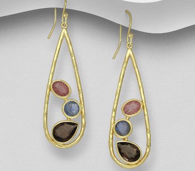 Şəkli böyütmək üçün tiklayın Desire by 7K - 925 Sterling Silver Droplet Hook Earrings, Decorated with Labradorite, Smoky Quartz and Strawberry Quartz, Plated with 0.3 Micron 18K Yellow Gold