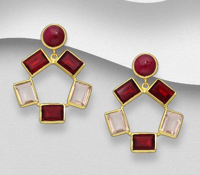 Şəkli böyütmək üçün tiklayın Desire by 7K - 925 Sterling Silver Push-Back Earrings, Decorated with Lab-Created Garnet, Lab-Created Morganite and Ruby, Plated with 0.3 Micron 18K Yellow Gold