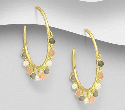 Şəkli böyütmək üçün tiklayın Desire by 7K - 925 Sterling Silver Push-Back Earrings, Decorated with Grey Moonstone, Peach Moonstone, Rainbow Moonstone, Plated with 0.3 Micron 18K Yellow Gold