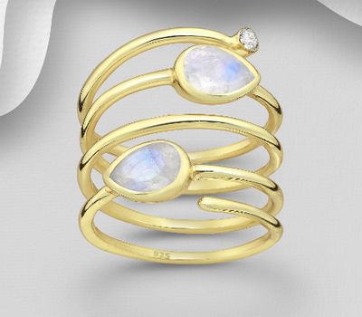 Şəkli böyütmək üçün tiklayın Desire by 7K - 925 Sterling Silver Ring, Decorated with Rainbow Moonstone and CZ Simulated Diamond, Plated with 0.3 Micron 18K Yellow Gold
