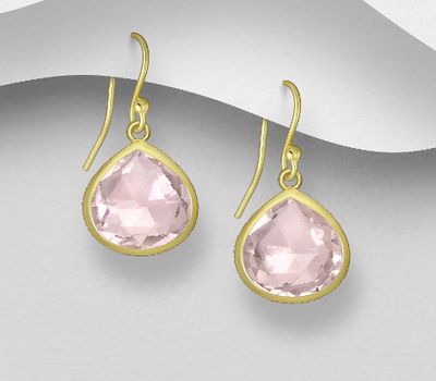 Şəkli böyütmək üçün tiklayın 925 Sterling Silver Droplet Hook Earrings, Decorated with Lab-Created Morganite, Plated with 0.3 Micron 18K Yellow Gold