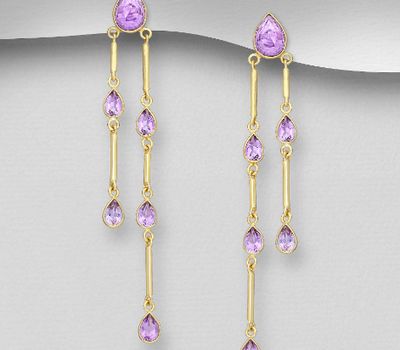 Desire by 7K - 925 Sterling Silver Push-Back Earrings, Decorated with Amethyst, Plated with 0.3 Micron 18K Yellow Gold