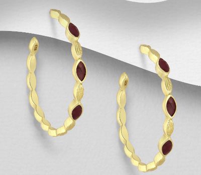 Desire by 7K - 925 Sterling Silver Semi-Circle Push-Back Earrings, Decorated with Lab-Created Ruby, Plated with 0.3 Micron 18K Yellow Gold