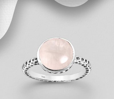 Desire by 7K - 925 Sterling Silver Oxidized Solitaire Ring, Decorated with Rose Quartz
