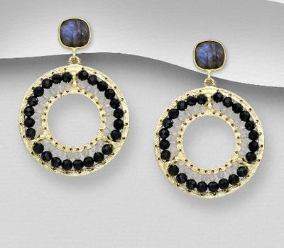 Desire by 7K - 925 Sterling Silver Push-Back Earrings, Decorated with Labradorite and Onyx, Plated with 0.3 Micron 18K Yellow Gold