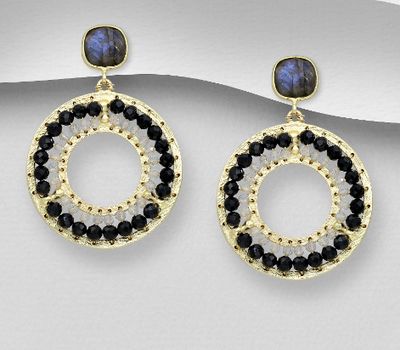 Şəkli böyütmək üçün tiklayın Desire by 7K - 925 Sterling Silver Push-Back Earrings, Decorated with Labradorite and Onyx, Plated with 0.3 Micron 18K Yellow Gold