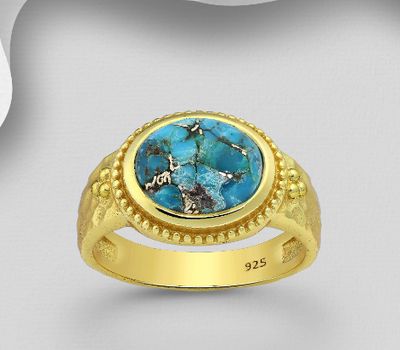 Şəkli böyütmək üçün tiklayın Desire by 7K - 925 Sterling Silver Ring, Decorated with Reconstructed Copper Turquoise, Plated with 0.3 Micron 18K Yellow Gold