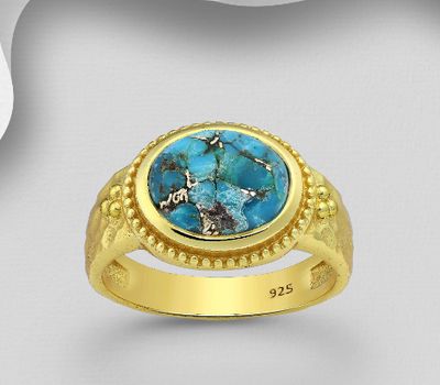 Desire by 7K - 925 Sterling Silver Ring, Decorated with Reconstructed Copper Turquoise, Plated with 0.3 Micron 18K Yellow Gold