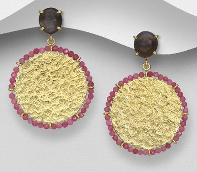 Desire by 7K - 925 Sterling Silver Push-Back Earrings, Decorated with Grey Moonstone and Pink Tourmaline, Plated with 0.3 Micron 18K Yellow Gold