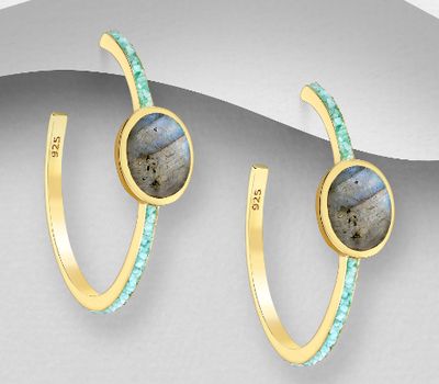 Desire by 7K - 925 Sterling Silver Push-Back Earrings, Decorated with Lab-Created Iolite and Labradorite, Plated with 0.3 Micron 18K Yellow Gold