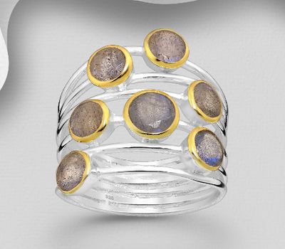 Desire by 7K - 925 Sterling Silver Ring, Decorated with Labradorite, Plated with 0.3 Micron 18K Yellow Gold