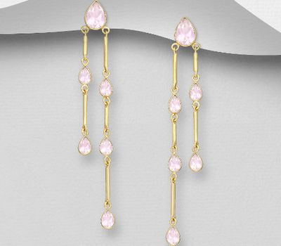 Desire by 7K - 925 Sterling Silver Push-Back Earrings, Decorated with Rose Quartz, Plated with 0.3 Micron 18K Yellow Gold
