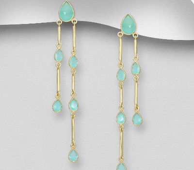 Desire by 7K - 925 Sterling Silver Push-Back Earrings, Decorated with Lab-Created Aqua Chalcedony, Plated with 0.3 Micron 18K Yellow Gold