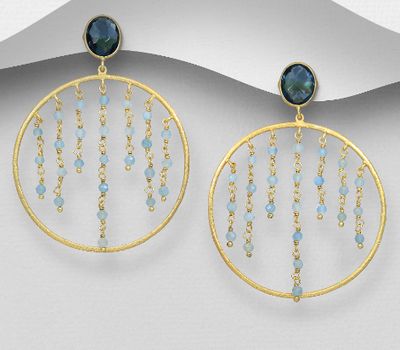 Desire by 7K - 925 Sterling Silver Push-Back Earrings, Decorated with Lab-Created lolite and Milky Aquamarine, Plated with 0.3 Micron 18K Yellow Gold