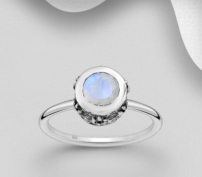 Desire by 7K - 925 Sterling Silver Oxidized Solitaire Ring, Decorated with Rainbow Moonstone