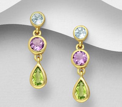 Desire by 7K - 925 Sterling Silver Omega Lock Earrings, Decorated with Amethyst, Peridot and Sky-Blue Topaz, Plated with 0.5 Micron 18K Yellow Gold