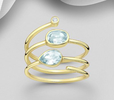Desire by 7K - 925 Sterling Silver Adjustable Ring, Decorated with Sky-Blue Topaz, Plated with 0.3 Micron 18K Yellow Gold