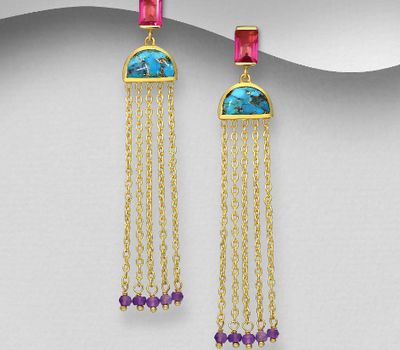 Desire by 7K - 925 Sterling Silver Push-Back Earrings, Decorated with Lab-Created Pink Tourmaline, Amethyst and Reconstructed Copper Turquoise, Plated with 0.3 Micron 18K Yellow Gold