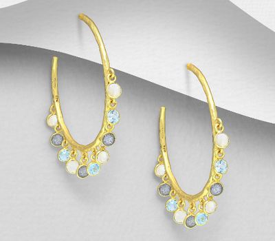 Desire by 7K - 925 Sterling Silver Push-Back Earrings, Decorated with Rainbow Moonstone, Labradorite and Sky Blue Topaz, Plated with 0.3 Micron 18K Yellow Gold