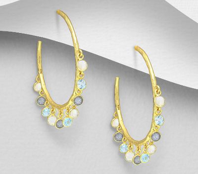 Şəkli böyütmək üçün tiklayın Desire by 7K - 925 Sterling Silver Push-Back Earrings, Decorated with Rainbow Moonstone, Labradorite and Sky Blue Topaz, Plated with 0.3 Micron 18K Yellow Gold