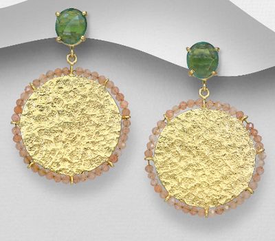 Desire by 7K - 925 Sterling Silver Push-Back Earrings, Decorated with Lab-Created Peridot and Peach Moonstone, Plated with 0.3 Micron 18K Yellow Gold