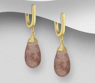 Desire by 7K - 925 Sterling Silver Droplet Push-Back Earrings, Beaded with Strawberry Quartz, Plated with 0.3 Micron 18K Yellow Gold