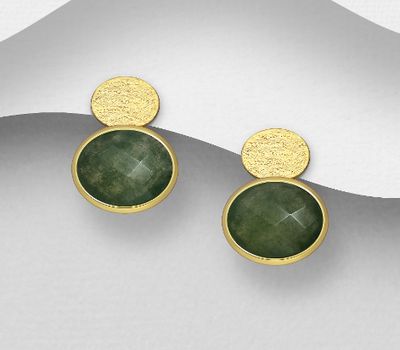 Desire by 7K - 925 Sterling Silver Push-Back Earrings, Decorated with Moss Agate, Plated with 0.3 Micron 18K Yellow Gold