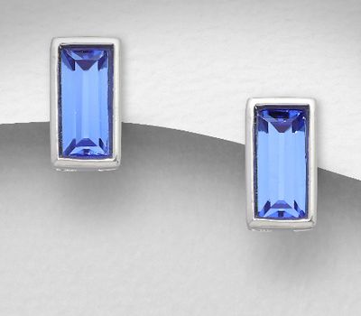 Sparkle by 7K - 925 Sterling Silver Rectangle Push-Back Earrings Decorated with Fine Austrian Crystal