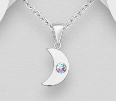 Sparkle by 7K - 925 Sterling Silver Moon Pendant, Decorated with Various Fine Austrian Crystal