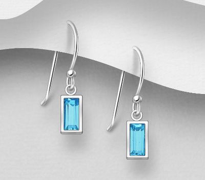925 Sterling Silver Rectangle Hook Earrings Decorated with Fine Austrian Crystal
