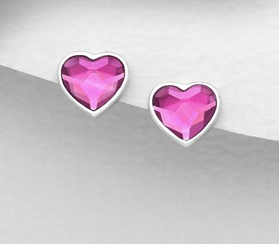 Sparkle by 7K - 925 Sterling Silver Heart Push-Back Earrings Decorated with Fine Austrian Crystal