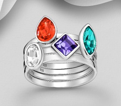 Şəkli böyütmək üçün tiklayın Sparkle by 7K - Set of 4 Each Unique Stack Rings, Made of 925 Sterling Silver, Decorated with Fine Austrian Crystals