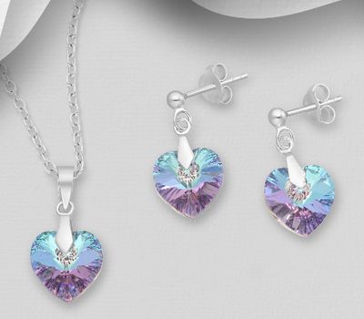 Sparkle by 7K - 925 Sterling Silver Heart Push-Back Earrings & Pendant Decorated with Fine Austrian Crystals