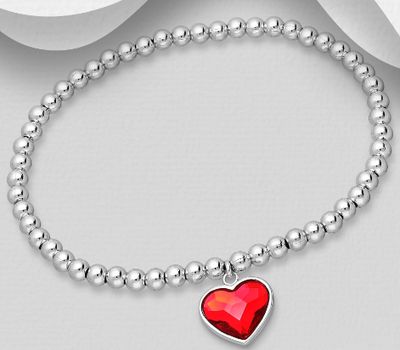 Sparkle by 7K - 925 Sterling Silver Ball Elastic Bracelet Featuring Heart Decorated with Fine Austrian Crystal