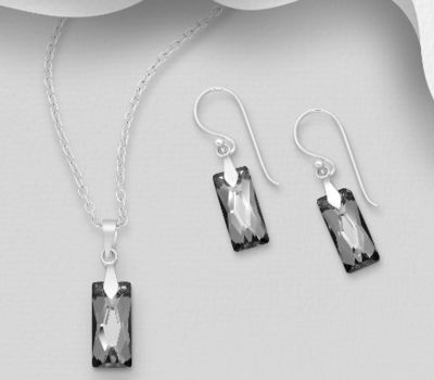 Sparkle by 7K - 925 Sterling Silver Rectangle Hook Earrings and  Pendant Decorated with Fine Austrian Crystals