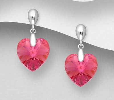 Sparkle by 7K - 925 Sterling Silver Heart Push-Back Earrings Decorated with Fine Austrian Crystals