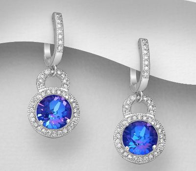 Sparkle by 7K - 925 Sterling Silver Halo Omega Lock Earrings, Decorated with CZ Simulated Diamonds and Fine Austrian Crystal