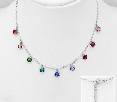 Sparkle by 7K - 925 Sterling Silver Dangle Necklace, Decorated with Colorful Fine Austrian Crystals, Colors may vary.