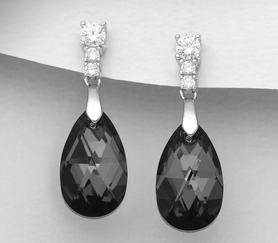 Sparkle by 7K - 925 Sterling Silver Push-Back Earrings Decorated with CZ Simulated Diamonds and Fine Austrian Crystals