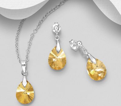 Sparkle by 7K - 925 Sterling Silver Push-Back Earrings and Pendant, Decorated with Various Color Fine Austrian Crystal