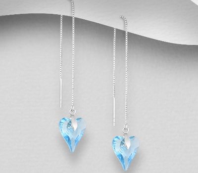 Sparkle by 7K - 925 Sterling Silver Heart Threader Earrings Decorated with Fine Austrian Crystals